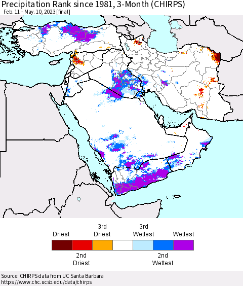 Middle East and Turkey Precipitation Rank since 1981, 3-Month (CHIRPS) Thematic Map For 2/11/2023 - 5/10/2023