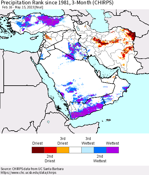Middle East and Turkey Precipitation Rank since 1981, 3-Month (CHIRPS) Thematic Map For 2/16/2023 - 5/15/2023