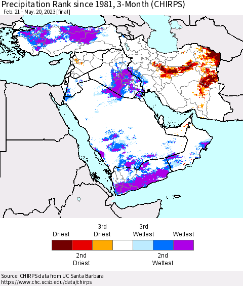 Middle East and Turkey Precipitation Rank since 1981, 3-Month (CHIRPS) Thematic Map For 2/21/2023 - 5/20/2023