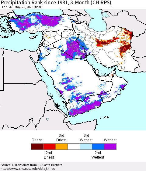 Middle East and Turkey Precipitation Rank since 1981, 3-Month (CHIRPS) Thematic Map For 2/26/2023 - 5/25/2023