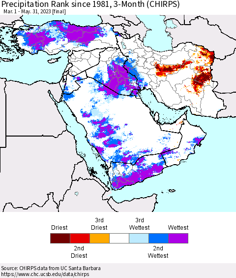 Middle East and Turkey Precipitation Rank since 1981, 3-Month (CHIRPS) Thematic Map For 3/1/2023 - 5/31/2023