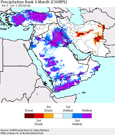 Middle East and Turkey Precipitation Rank since 1981, 3-Month (CHIRPS) Thematic Map For 3/6/2023 - 6/5/2023