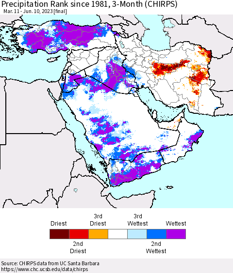 Middle East and Turkey Precipitation Rank since 1981, 3-Month (CHIRPS) Thematic Map For 3/11/2023 - 6/10/2023
