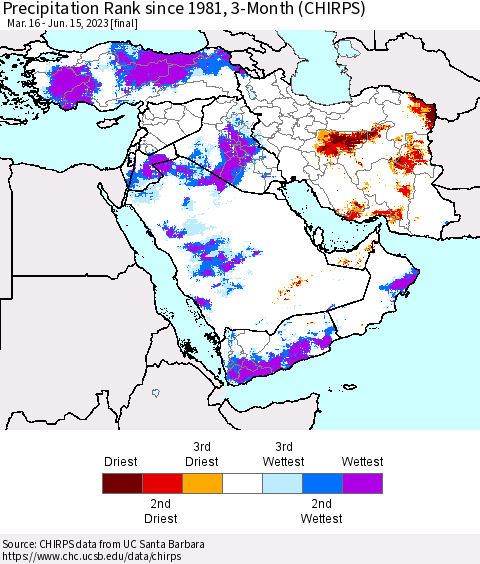 Middle East and Turkey Precipitation Rank since 1981, 3-Month (CHIRPS) Thematic Map For 3/16/2023 - 6/15/2023