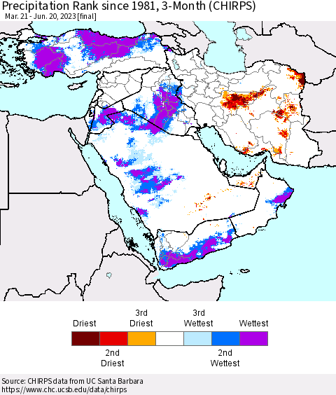 Middle East and Turkey Precipitation Rank since 1981, 3-Month (CHIRPS) Thematic Map For 3/21/2023 - 6/20/2023