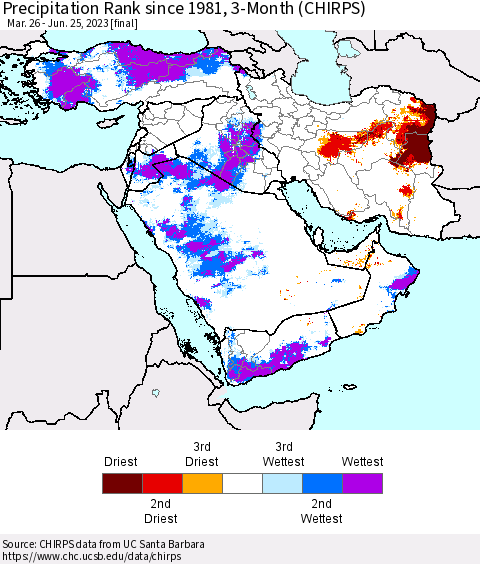 Middle East and Turkey Precipitation Rank since 1981, 3-Month (CHIRPS) Thematic Map For 3/26/2023 - 6/25/2023
