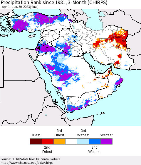 Middle East and Turkey Precipitation Rank since 1981, 3-Month (CHIRPS) Thematic Map For 4/1/2023 - 6/30/2023