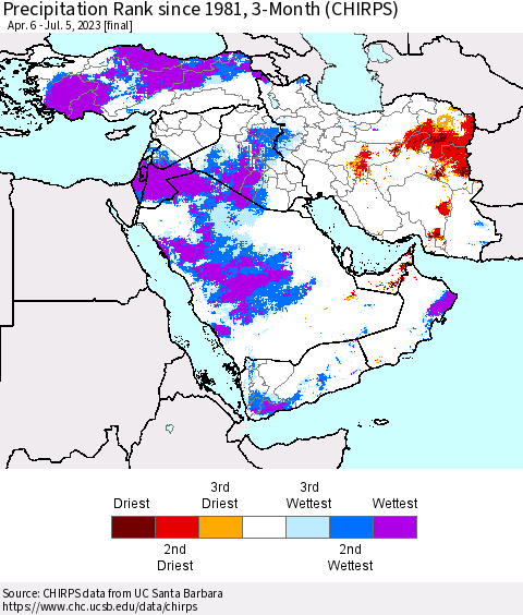 Middle East and Turkey Precipitation Rank since 1981, 3-Month (CHIRPS) Thematic Map For 4/6/2023 - 7/5/2023