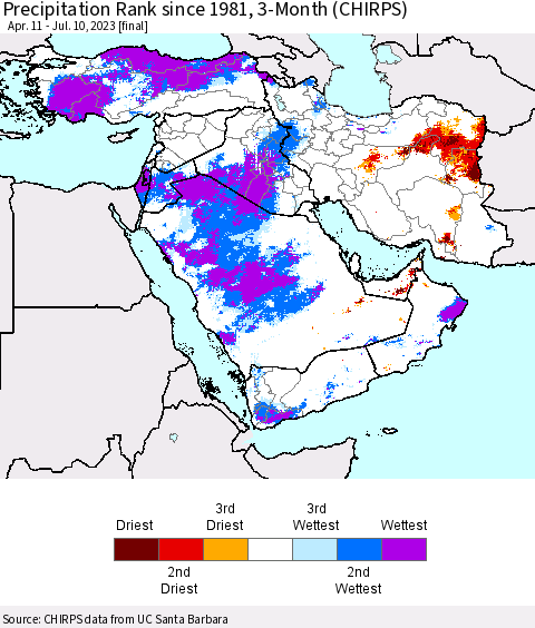 Middle East and Turkey Precipitation Rank since 1981, 3-Month (CHIRPS) Thematic Map For 4/11/2023 - 7/10/2023