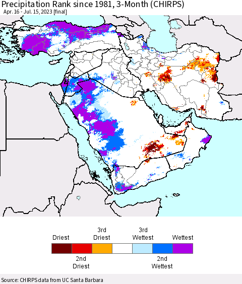 Middle East and Turkey Precipitation Rank since 1981, 3-Month (CHIRPS) Thematic Map For 4/16/2023 - 7/15/2023