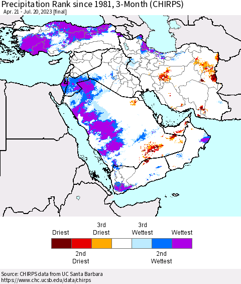 Middle East and Turkey Precipitation Rank since 1981, 3-Month (CHIRPS) Thematic Map For 4/21/2023 - 7/20/2023