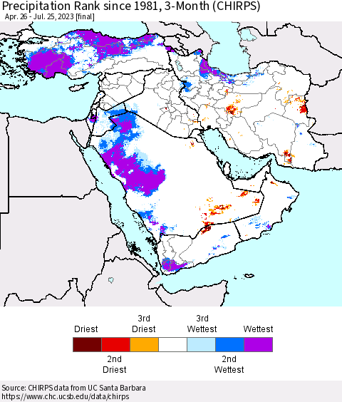 Middle East and Turkey Precipitation Rank since 1981, 3-Month (CHIRPS) Thematic Map For 4/26/2023 - 7/25/2023