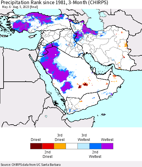 Middle East and Turkey Precipitation Rank since 1981, 3-Month (CHIRPS) Thematic Map For 5/6/2023 - 8/5/2023