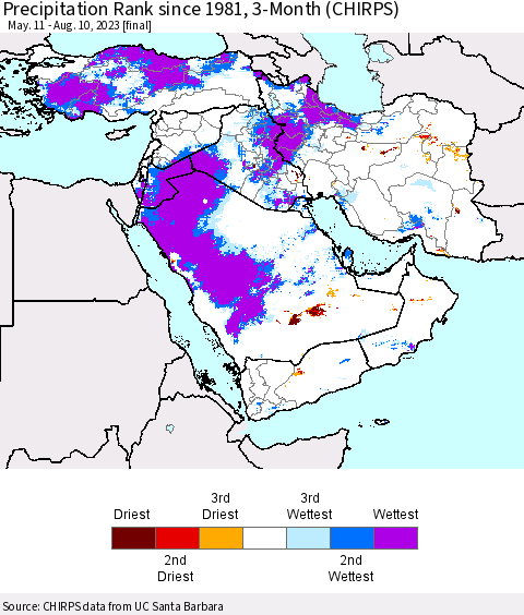 Middle East and Turkey Precipitation Rank since 1981, 3-Month (CHIRPS) Thematic Map For 5/11/2023 - 8/10/2023