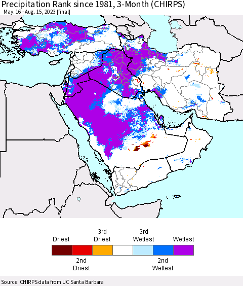 Middle East and Turkey Precipitation Rank since 1981, 3-Month (CHIRPS) Thematic Map For 5/16/2023 - 8/15/2023