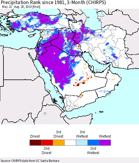 Middle East and Turkey Precipitation Rank since 1981, 3-Month (CHIRPS) Thematic Map For 5/21/2023 - 8/20/2023