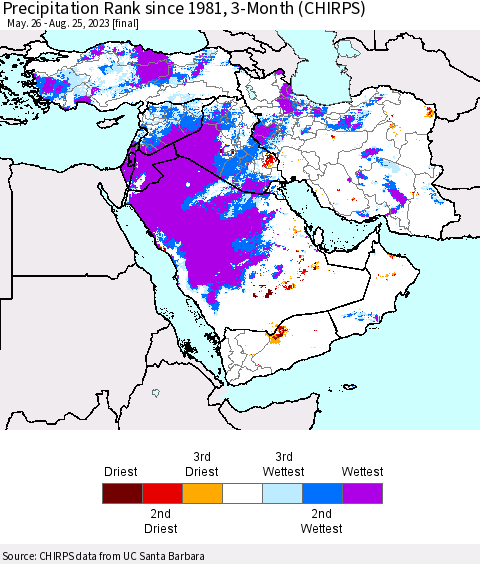 Middle East and Turkey Precipitation Rank since 1981, 3-Month (CHIRPS) Thematic Map For 5/26/2023 - 8/25/2023