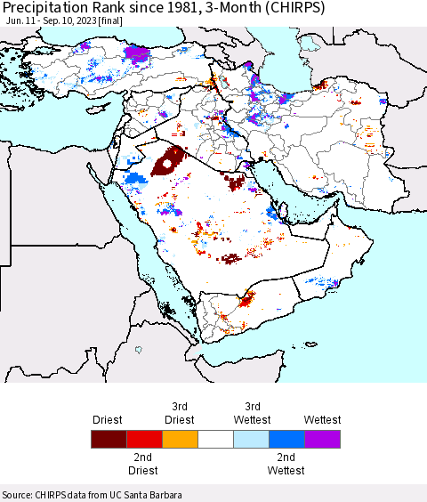 Middle East and Turkey Precipitation Rank since 1981, 3-Month (CHIRPS) Thematic Map For 6/11/2023 - 9/10/2023