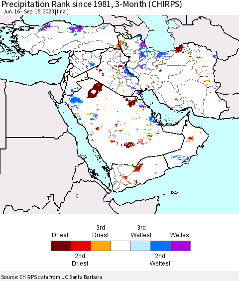 Middle East and Turkey Precipitation Rank since 1981, 3-Month (CHIRPS) Thematic Map For 6/16/2023 - 9/15/2023
