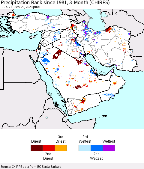 Middle East and Turkey Precipitation Rank since 1981, 3-Month (CHIRPS) Thematic Map For 6/21/2023 - 9/20/2023