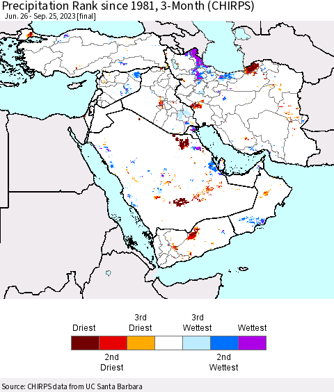 Middle East and Turkey Precipitation Rank since 1981, 3-Month (CHIRPS) Thematic Map For 6/26/2023 - 9/25/2023