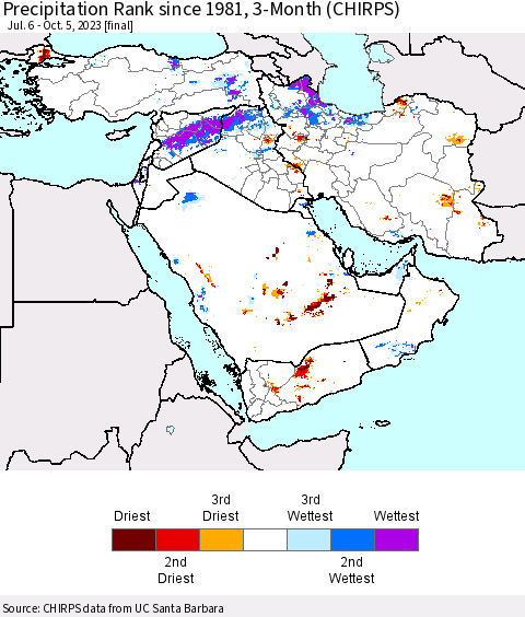 Middle East and Turkey Precipitation Rank since 1981, 3-Month (CHIRPS) Thematic Map For 7/6/2023 - 10/5/2023