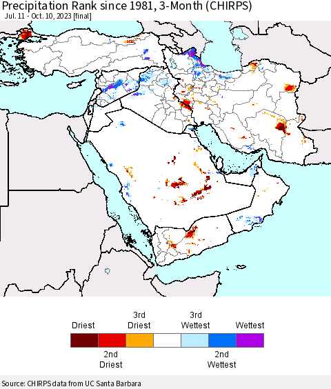Middle East and Turkey Precipitation Rank since 1981, 3-Month (CHIRPS) Thematic Map For 7/11/2023 - 10/10/2023