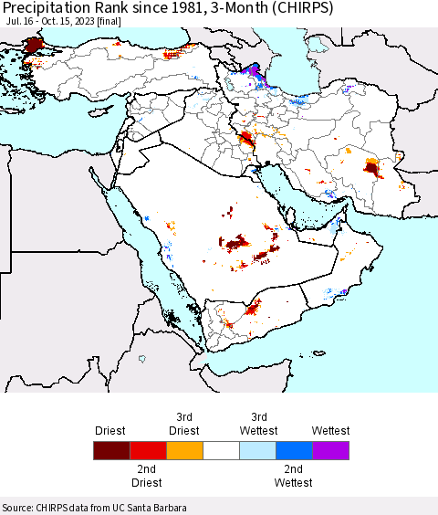 Middle East and Turkey Precipitation Rank since 1981, 3-Month (CHIRPS) Thematic Map For 7/16/2023 - 10/15/2023