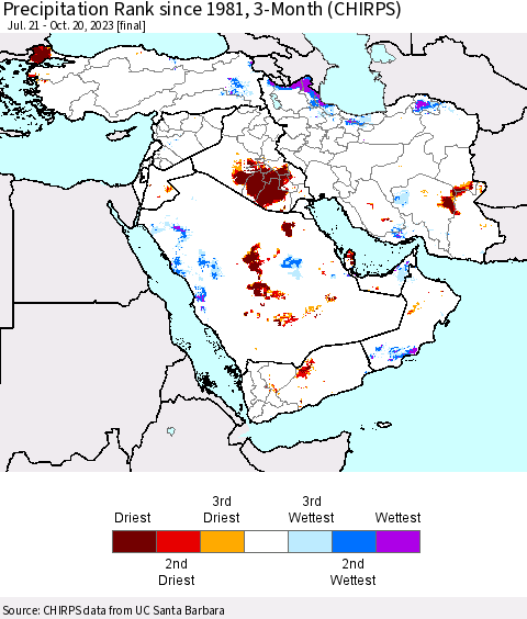 Middle East and Turkey Precipitation Rank since 1981, 3-Month (CHIRPS) Thematic Map For 7/21/2023 - 10/20/2023