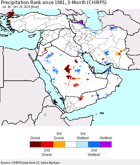 Middle East and Turkey Precipitation Rank since 1981, 3-Month (CHIRPS) Thematic Map For 7/26/2023 - 10/25/2023