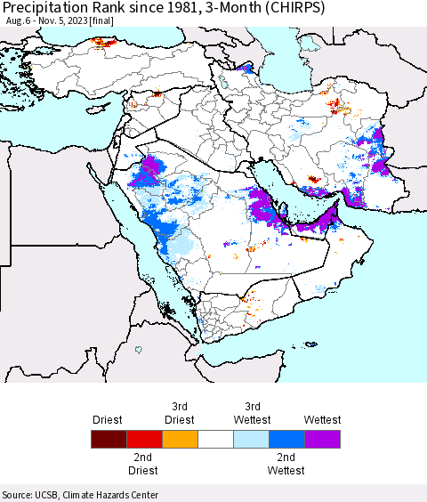 Middle East and Turkey Precipitation Rank since 1981, 3-Month (CHIRPS) Thematic Map For 8/6/2023 - 11/5/2023