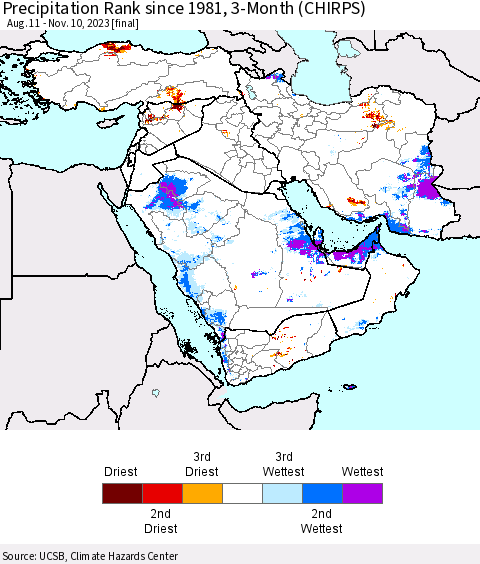 Middle East and Turkey Precipitation Rank since 1981, 3-Month (CHIRPS) Thematic Map For 8/11/2023 - 11/10/2023
