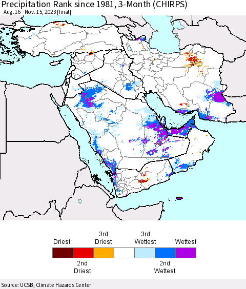 Middle East and Turkey Precipitation Rank since 1981, 3-Month (CHIRPS) Thematic Map For 8/16/2023 - 11/15/2023