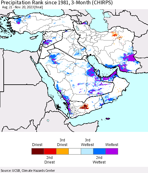Middle East and Turkey Precipitation Rank since 1981, 3-Month (CHIRPS) Thematic Map For 8/21/2023 - 11/20/2023