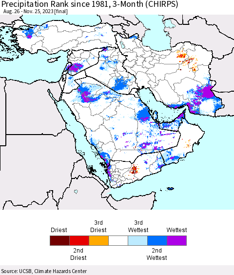 Middle East and Turkey Precipitation Rank since 1981, 3-Month (CHIRPS) Thematic Map For 8/26/2023 - 11/25/2023