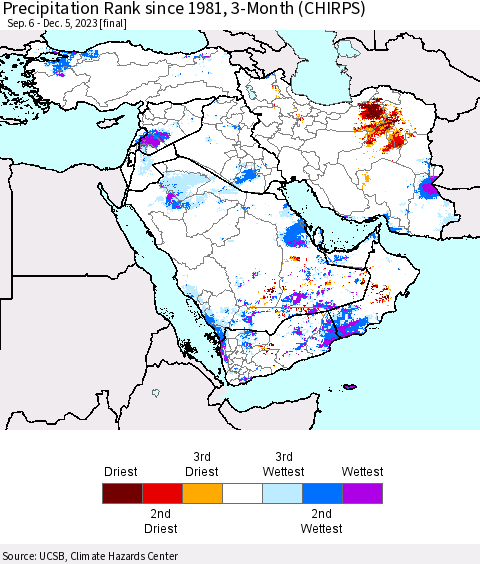 Middle East and Turkey Precipitation Rank since 1981, 3-Month (CHIRPS) Thematic Map For 9/6/2023 - 12/5/2023