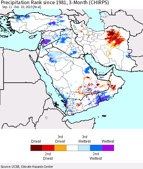 Middle East and Turkey Precipitation Rank since 1981, 3-Month (CHIRPS) Thematic Map For 9/11/2023 - 12/10/2023