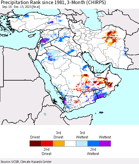 Middle East and Turkey Precipitation Rank since 1981, 3-Month (CHIRPS) Thematic Map For 9/16/2023 - 12/15/2023