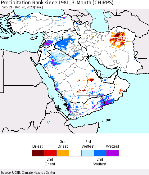 Middle East and Turkey Precipitation Rank since 1981, 3-Month (CHIRPS) Thematic Map For 9/21/2023 - 12/20/2023