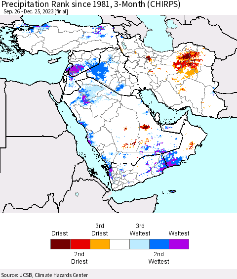 Middle East and Turkey Precipitation Rank since 1981, 3-Month (CHIRPS) Thematic Map For 9/26/2023 - 12/25/2023