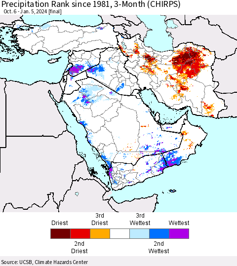 Middle East and Turkey Precipitation Rank since 1981, 3-Month (CHIRPS) Thematic Map For 10/6/2023 - 1/5/2024