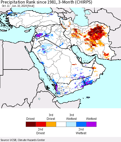 Middle East and Turkey Precipitation Rank since 1981, 3-Month (CHIRPS) Thematic Map For 10/11/2023 - 1/10/2024