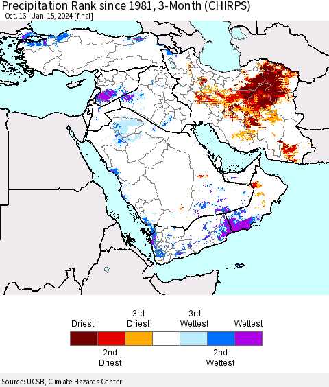 Middle East and Turkey Precipitation Rank since 1981, 3-Month (CHIRPS) Thematic Map For 10/16/2023 - 1/15/2024