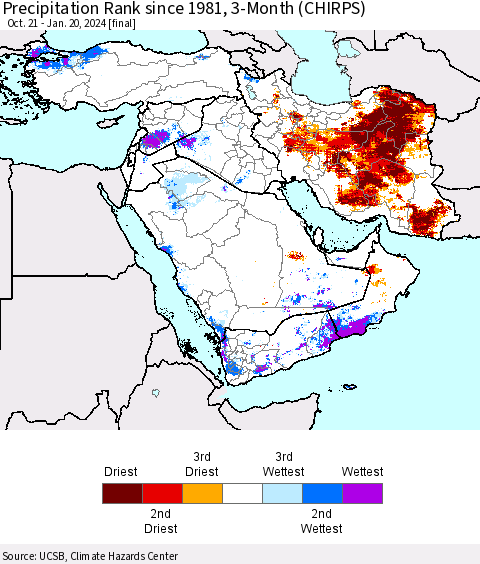 Middle East and Turkey Precipitation Rank since 1981, 3-Month (CHIRPS) Thematic Map For 10/21/2023 - 1/20/2024