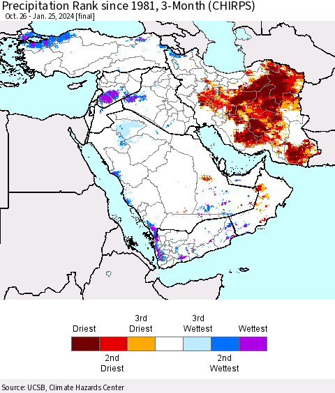 Middle East and Turkey Precipitation Rank since 1981, 3-Month (CHIRPS) Thematic Map For 10/26/2023 - 1/25/2024