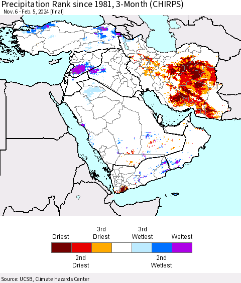 Middle East and Turkey Precipitation Rank since 1981, 3-Month (CHIRPS) Thematic Map For 11/6/2023 - 2/5/2024