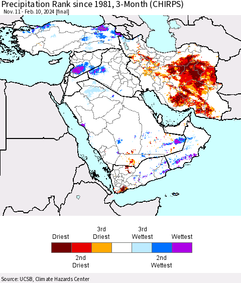 Middle East and Turkey Precipitation Rank since 1981, 3-Month (CHIRPS) Thematic Map For 11/11/2023 - 2/10/2024
