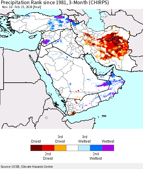 Middle East and Turkey Precipitation Rank since 1981, 3-Month (CHIRPS) Thematic Map For 11/16/2023 - 2/15/2024