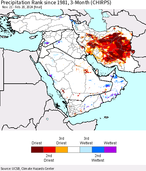 Middle East and Turkey Precipitation Rank since 1981, 3-Month (CHIRPS) Thematic Map For 11/21/2023 - 2/20/2024