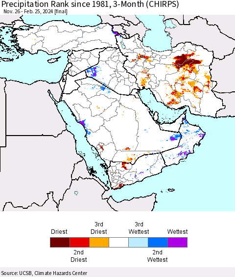 Middle East and Turkey Precipitation Rank since 1981, 3-Month (CHIRPS) Thematic Map For 11/26/2023 - 2/25/2024